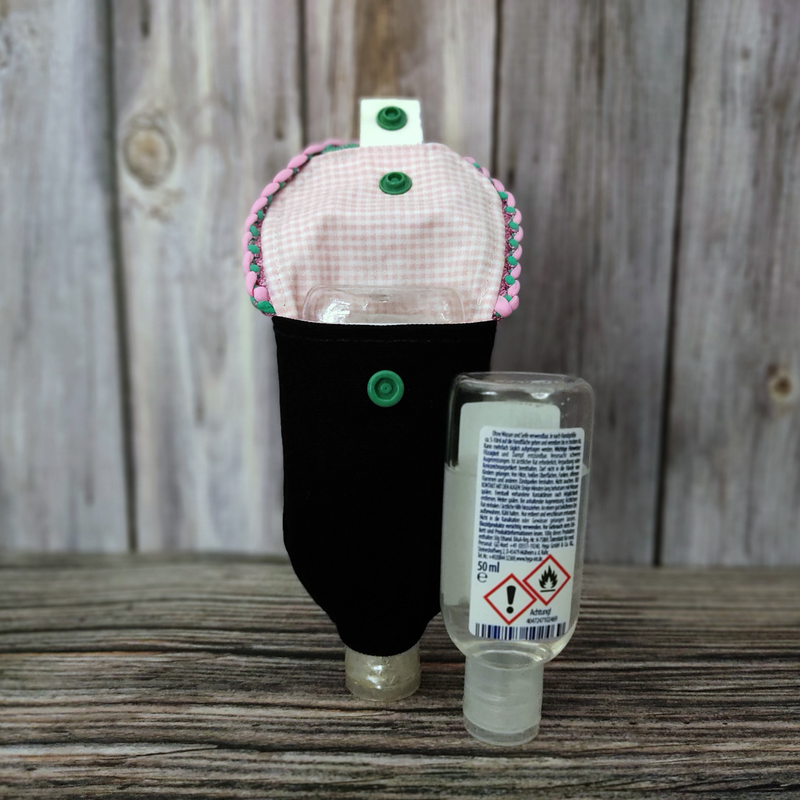 Handgel- / Desinfektionsmittel-Tasche | Josi – schwarz/rosa kariert mit Flechtborte – Bild 3